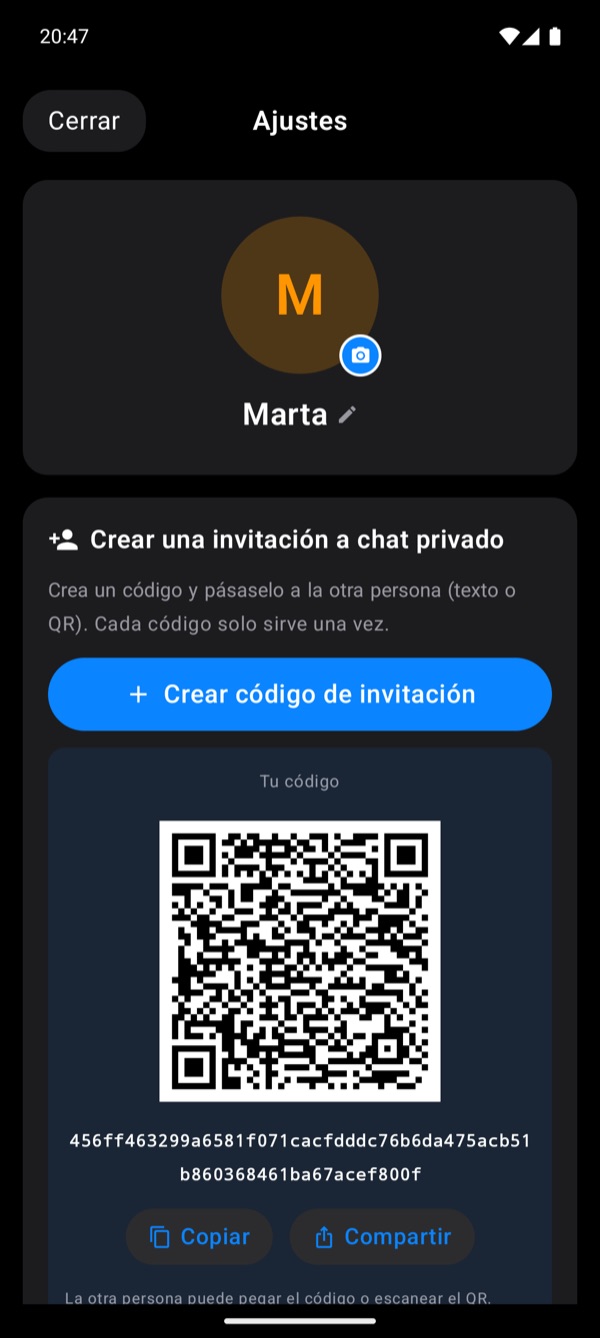 Invitación con QR en Android, en modo oscuro