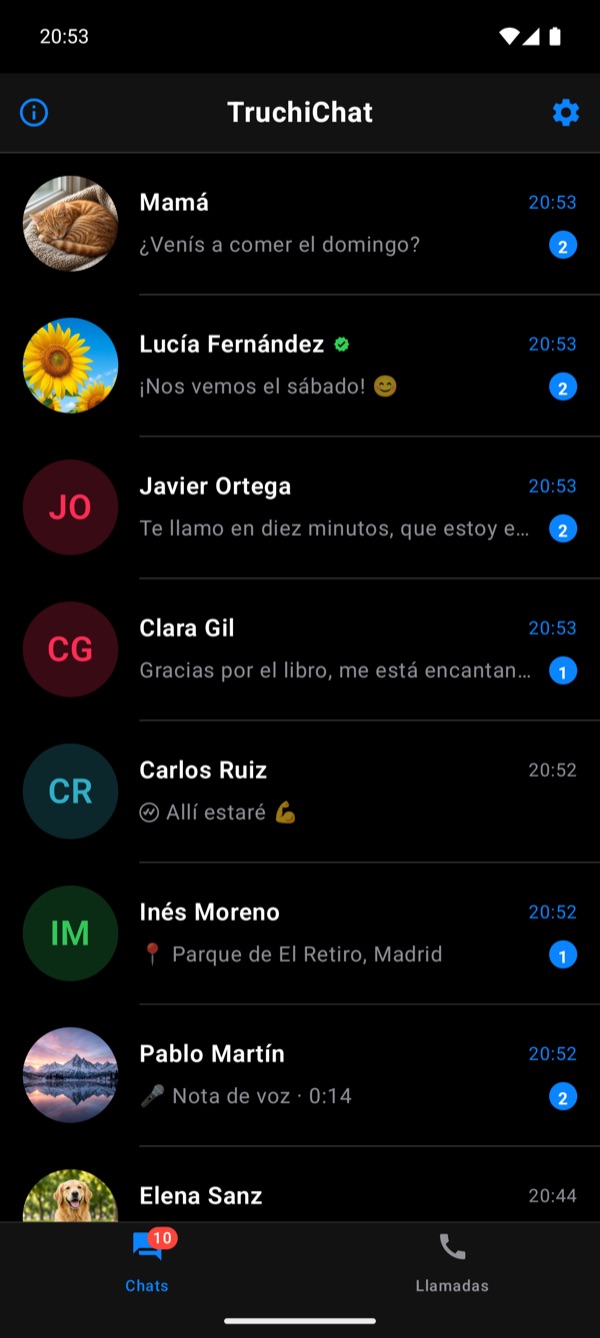 Lista de chats en Android, en modo oscuro