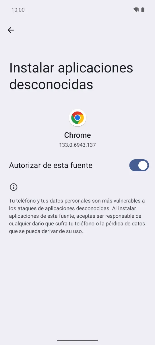 Pantalla «Instalar aplicaciones desconocidas» de Chrome con el interruptor «Autorizar de esta fuente» encendido.
