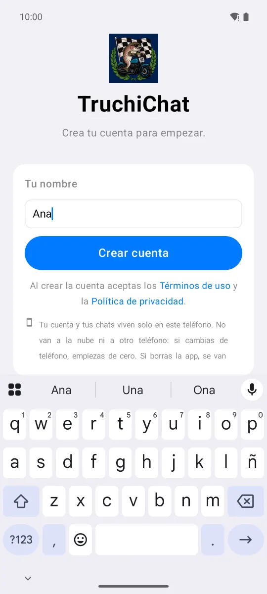 Pantalla de TruchiChat «Crea tu cuenta para empezar», con el nombre de prueba «Ana» escrito y el botón «Crear cuenta».
