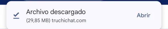 Aviso de Chrome: «Archivo descargado» de truchichat.com, con el botón «Abrir».
