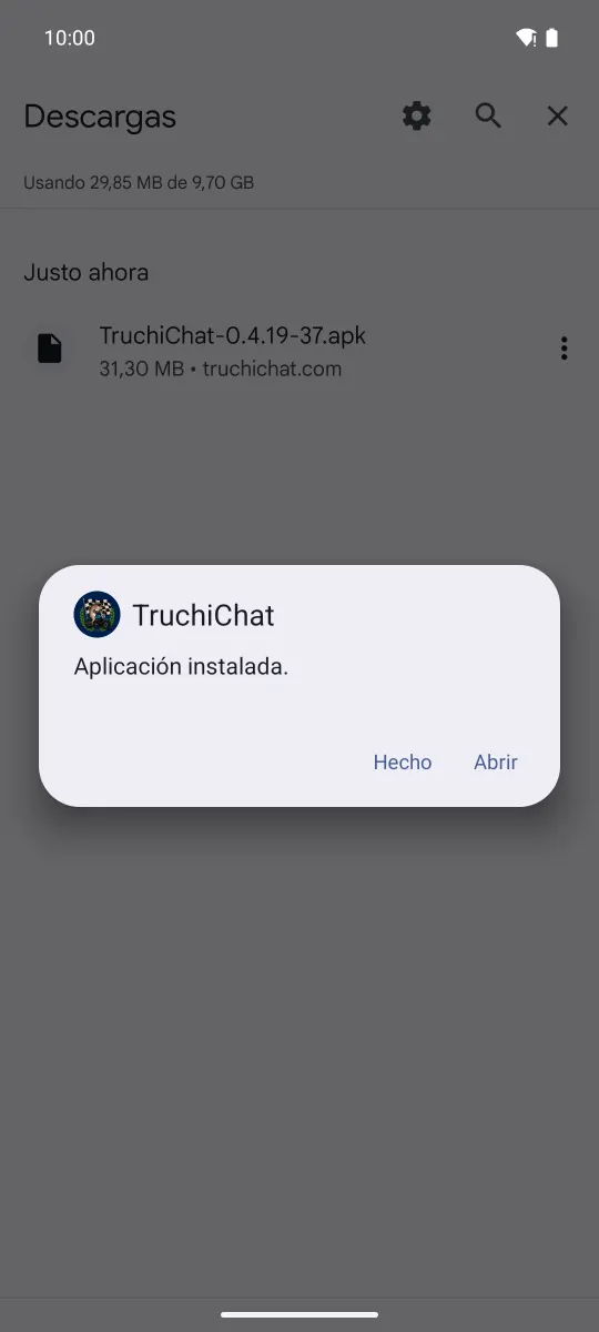 Cuadro del instalador: «Aplicación instalada.», con «Hecho» y «Abrir».