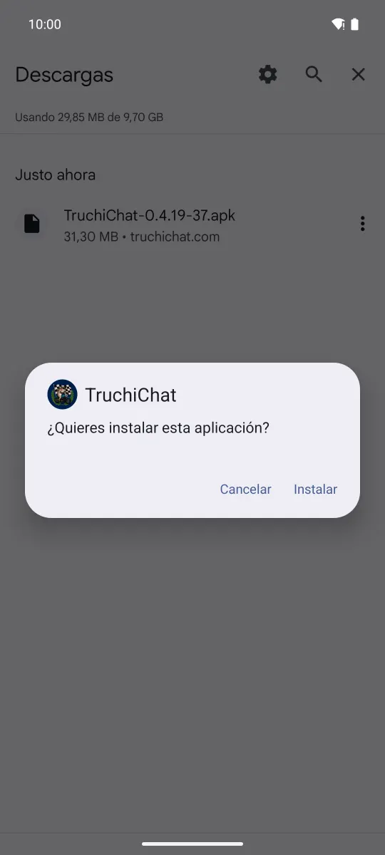 Cuadro del instalador de Android con el icono de TruchiChat: «¿Quieres instalar esta aplicación?», con «Cancelar» e «Instalar».