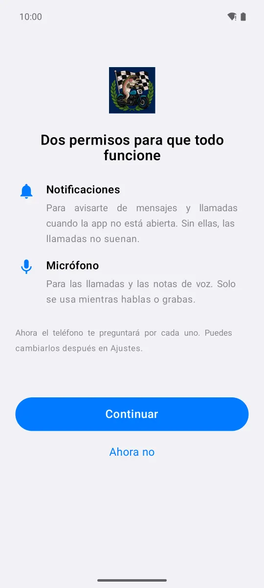 Pantalla de TruchiChat «Dos permisos para que todo funcione»: Notificaciones y Micrófono, con «Continuar» y «Ahora no».