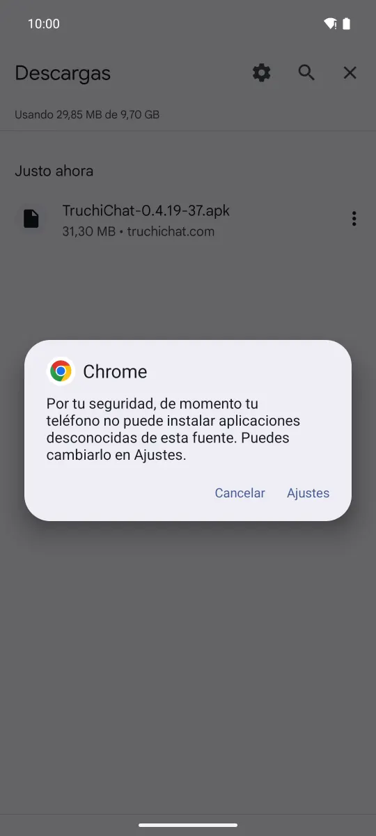 Cuadro de Chrome: «Por tu seguridad, de momento tu teléfono no puede instalar aplicaciones desconocidas de esta fuente. Puedes cambiarlo en Ajustes.», con «Cancelar» y «Ajustes».