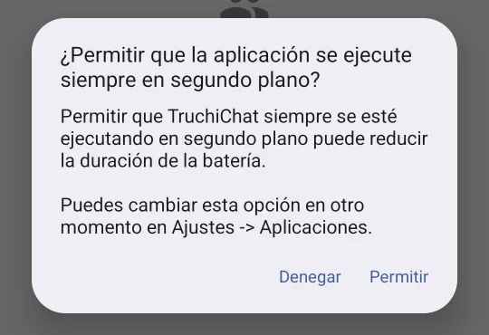 Cuadro de Android: «¿Permitir que la aplicación se ejecute siempre en segundo plano?», con «Denegar» y «Permitir».