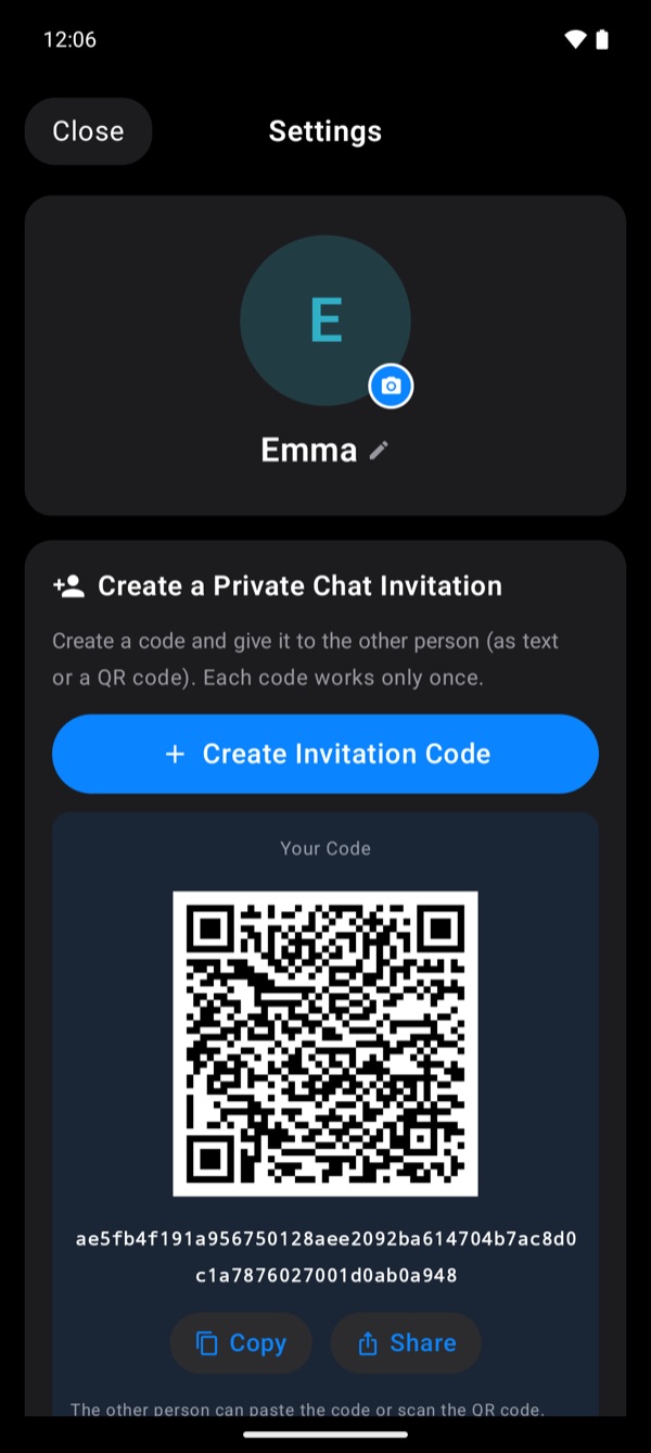 Invitation with QR code on Android, in dark mode