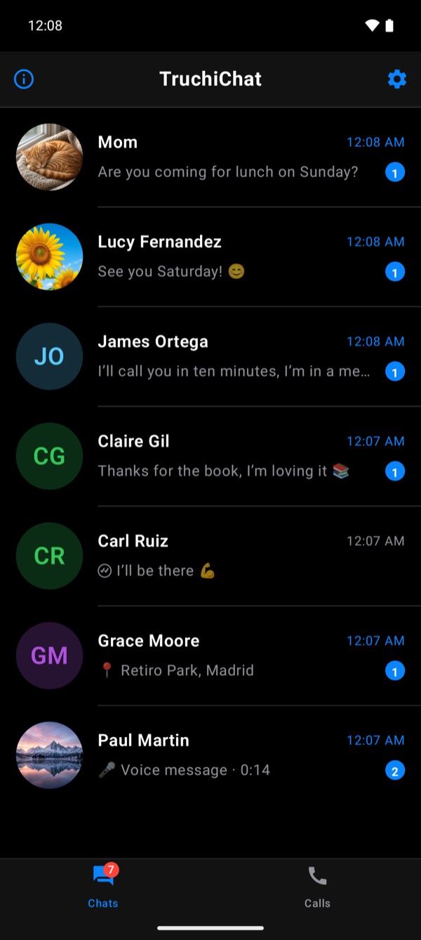 Chat list on Android, in dark mode