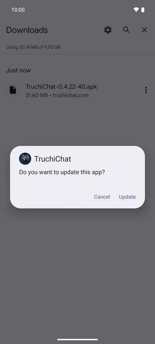 Installer box with the TruchiChat icon: “Do you want to update this app?”, with “Cancel” and “Update”.
