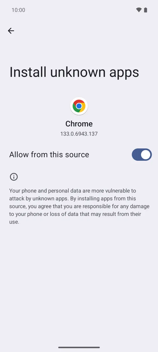 Chrome’s “Install unknown apps” screen with the “Allow from this source” switch turned on.