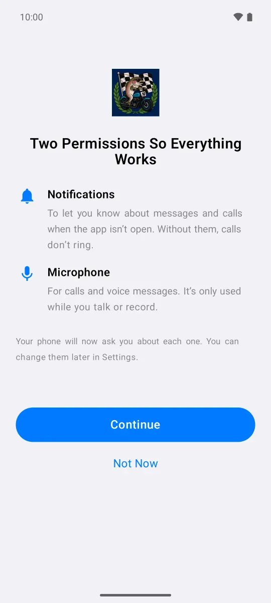 TruchiChat screen “Two Permissions So Everything Works”: Notifications and Microphone, with “Continue” and “Not Now”.