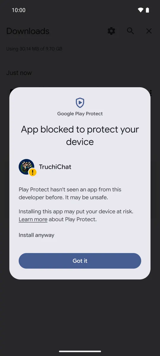 The same Play Protect warning unfolded, with “Installing this app may put your device at risk” and the “Install anyway” link above the “Got it” button.