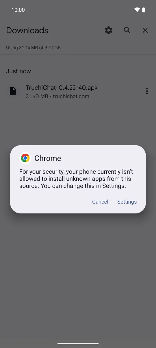 Chrome box: “For your security, your phone currently isn’t allowed to install unknown apps from this source. You can change this in Settings.”, with “Cancel” and “Settings”.