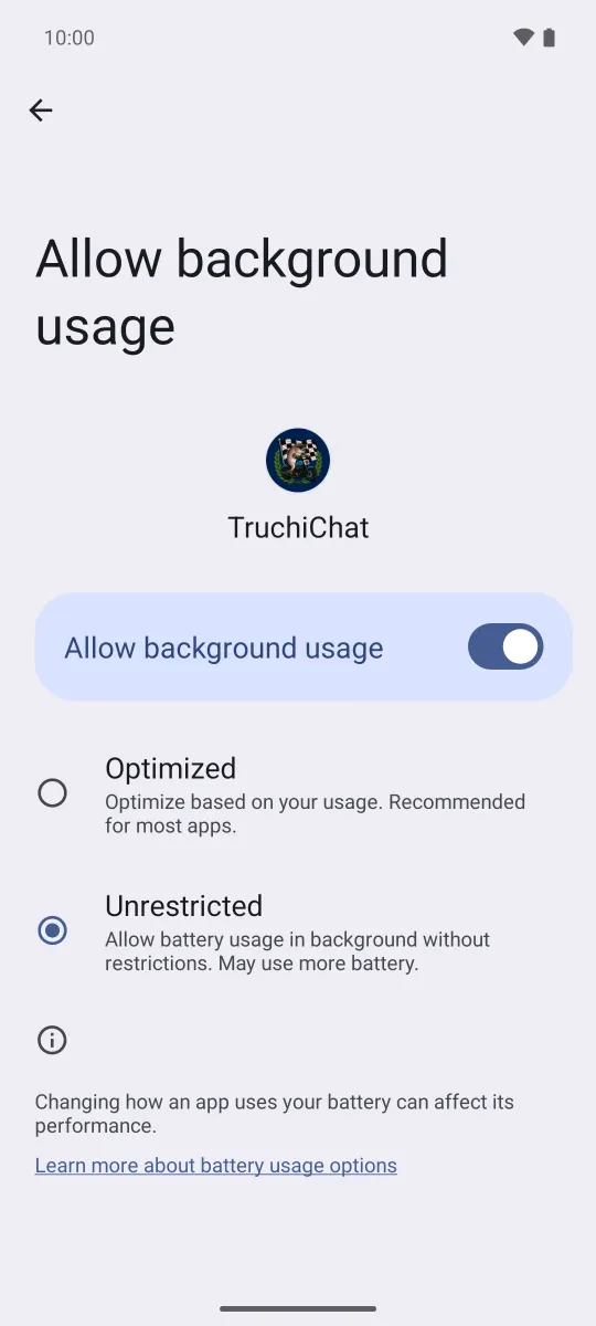 Android Settings, TruchiChat’s “Allow background usage”: switch turned on and the “Unrestricted” option selected.