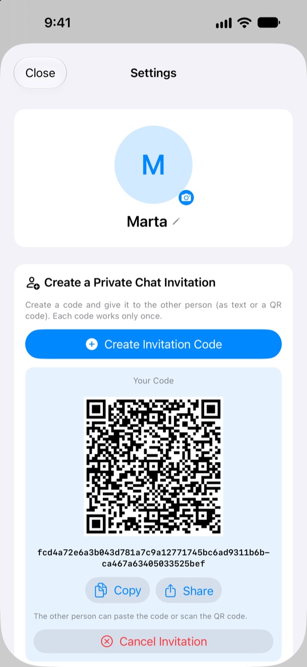 Creating an invitation with its QR code on iPhone
