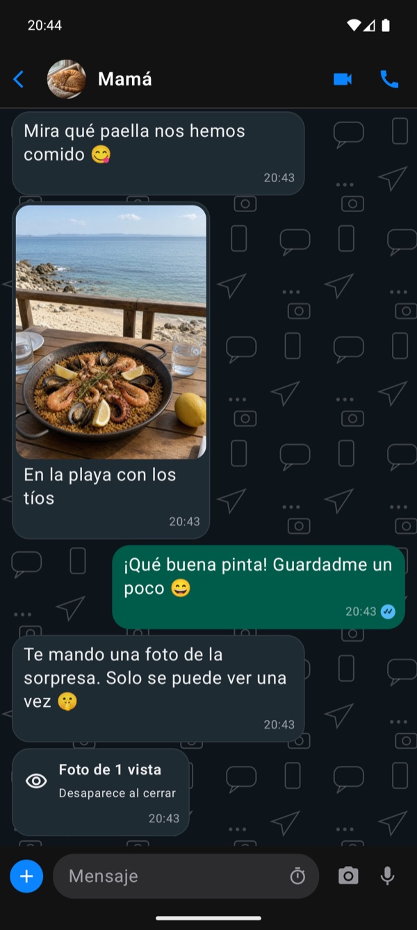 Un chat de TruchiChat en Android, en modo oscuro, con mensajes y una foto